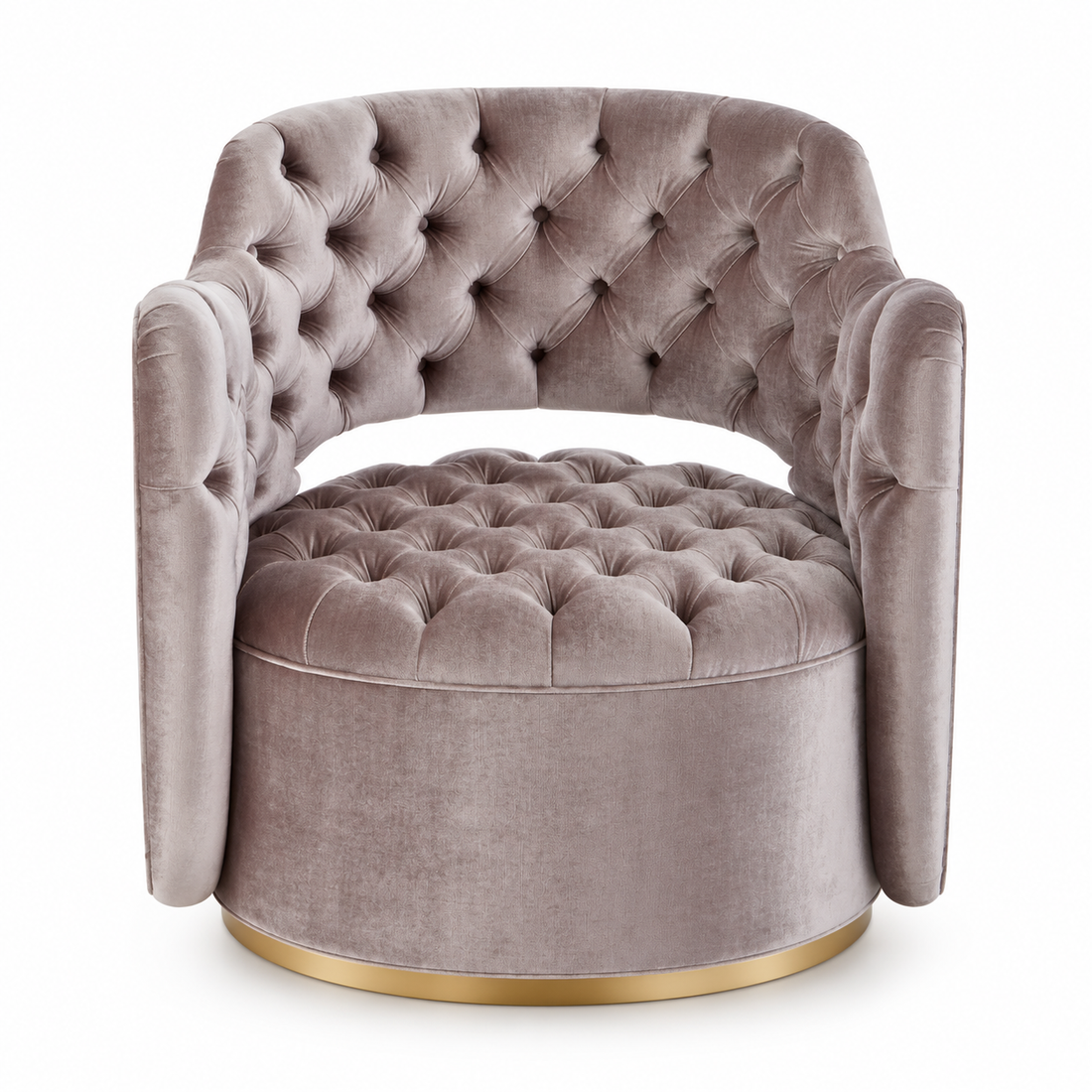 A luxury tufted velvet swivel armchair in Amethyst Rayon Velvet.  Made in the USA