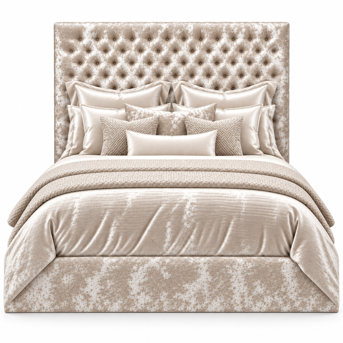 The Arwin tufted wall bed upholstered in crushed cream velvet with platform base.