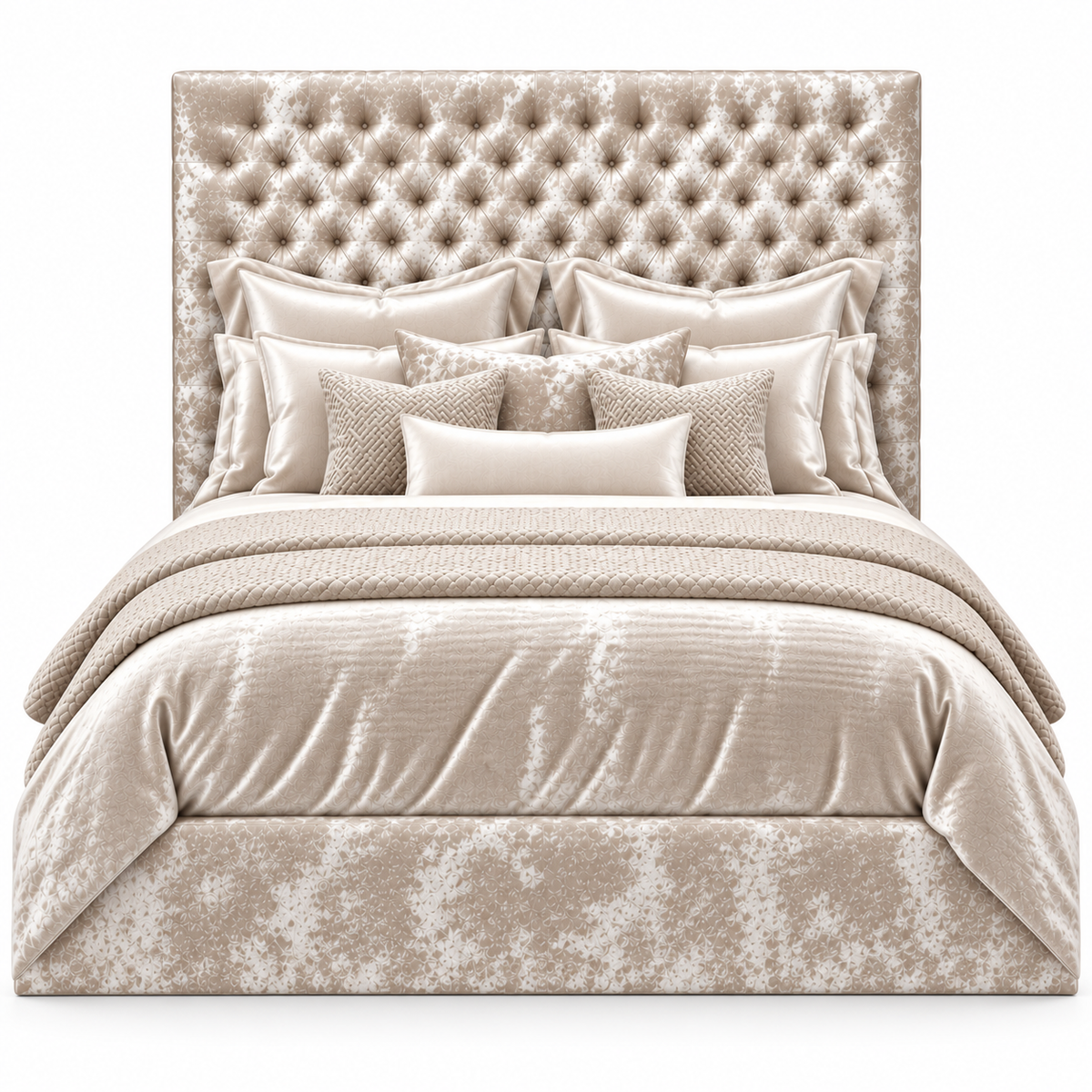 The Arwin tufted wall bed upholstered in crushed cream velvet with platform base.