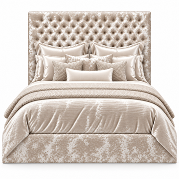 The Arwin tufted wall bed upholstered in crushed cream velvet with platform base.