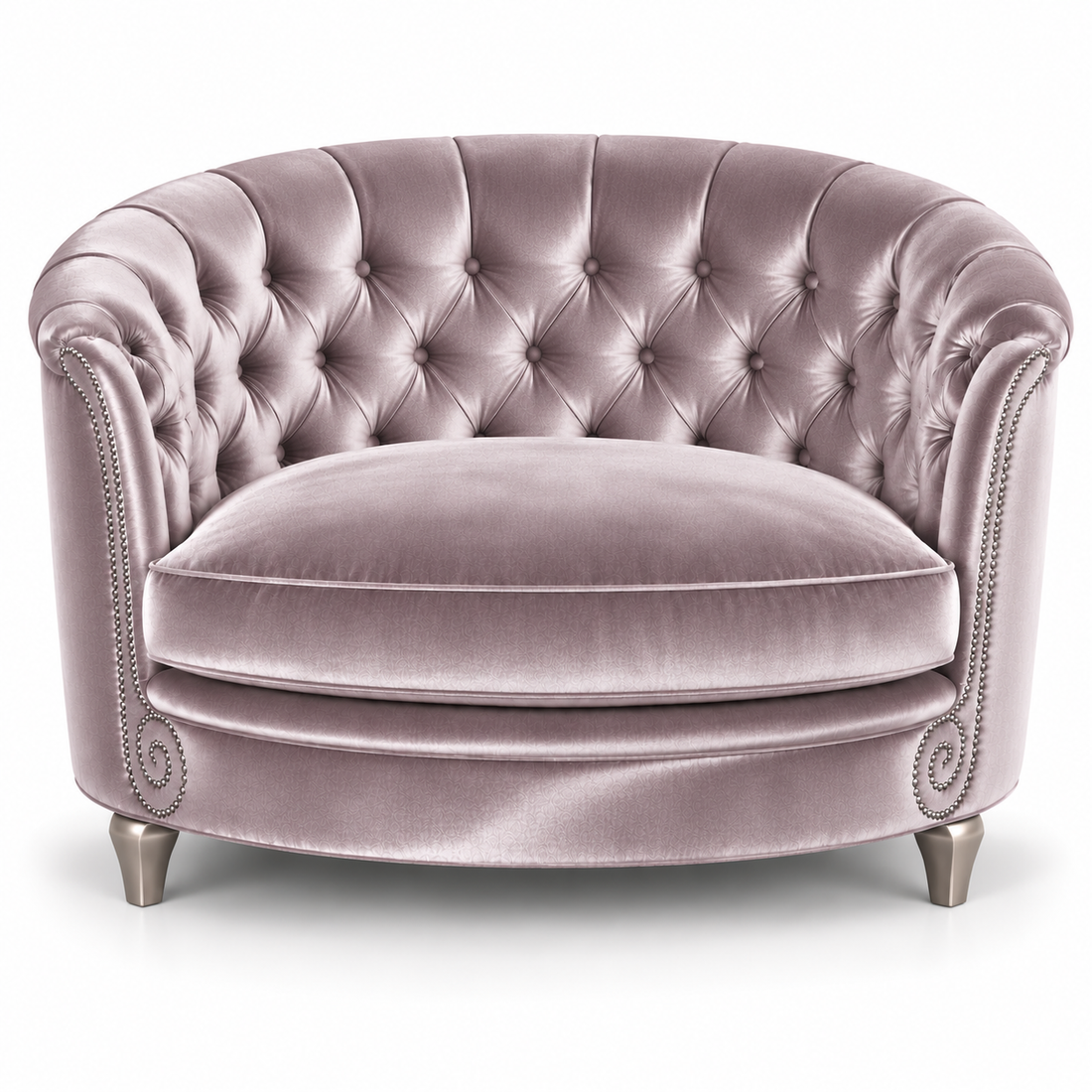 A refined oval cuddle chair in Amethyst rayon velvet featuring deep button tufting, rolled arms with nail Brushed nickel tacks, and shapely Silver wood legs