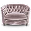 A refined oval cuddle chair in Amethyst rayon velvet featuring deep button tufting, rolled arms with nail Brushed nickel tacks, and shapely Silver wood legs