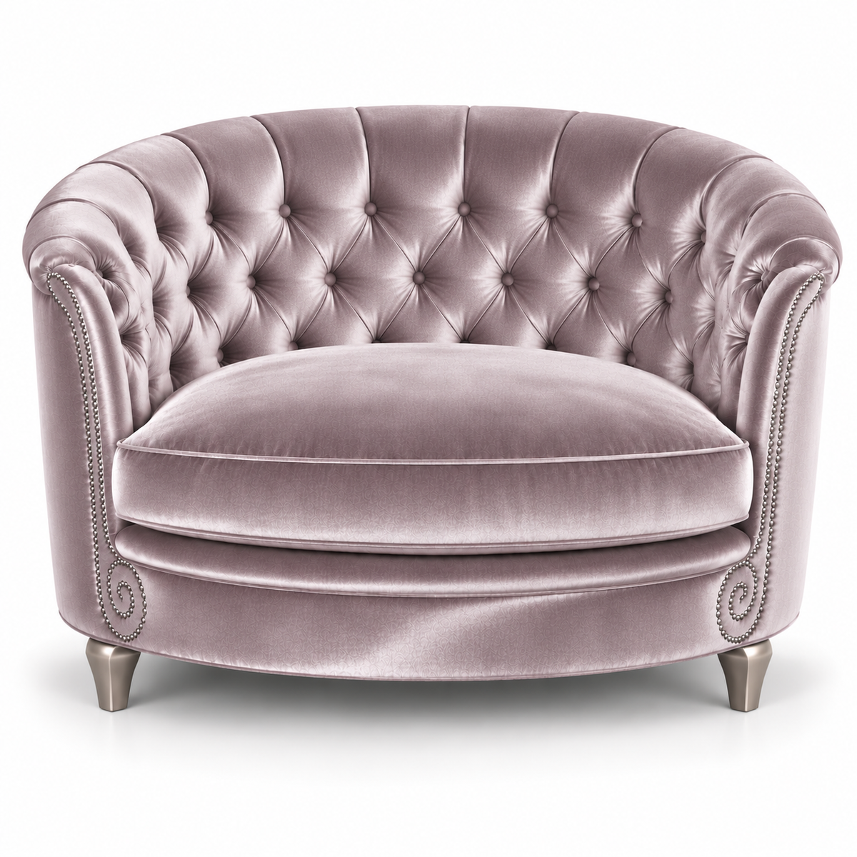 A refined oval cuddle chair in Amethyst rayon velvet featuring deep button tufting, rolled arms with nail Brushed nickel tacks, and shapely Silver wood legs