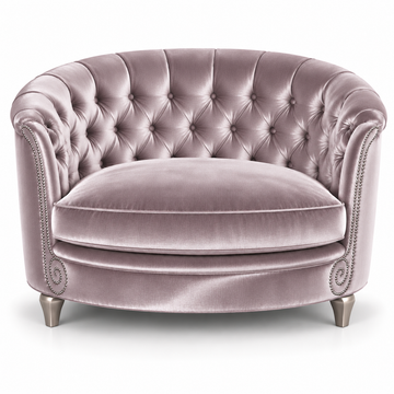 A refined oval cuddle chair in Amethyst rayon velvet featuring deep button tufting, rolled arms with nail Brushed nickel tacks, and shapely Silver wood legs