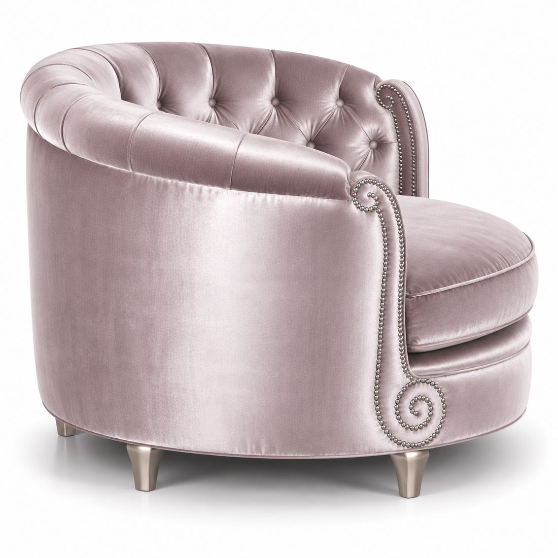 A refined oval cuddle chair in Amethyst rayon velvet featuring deep button tufting, rolled arms with nail Brushed nickel tacks, and shapely Silver wood legs