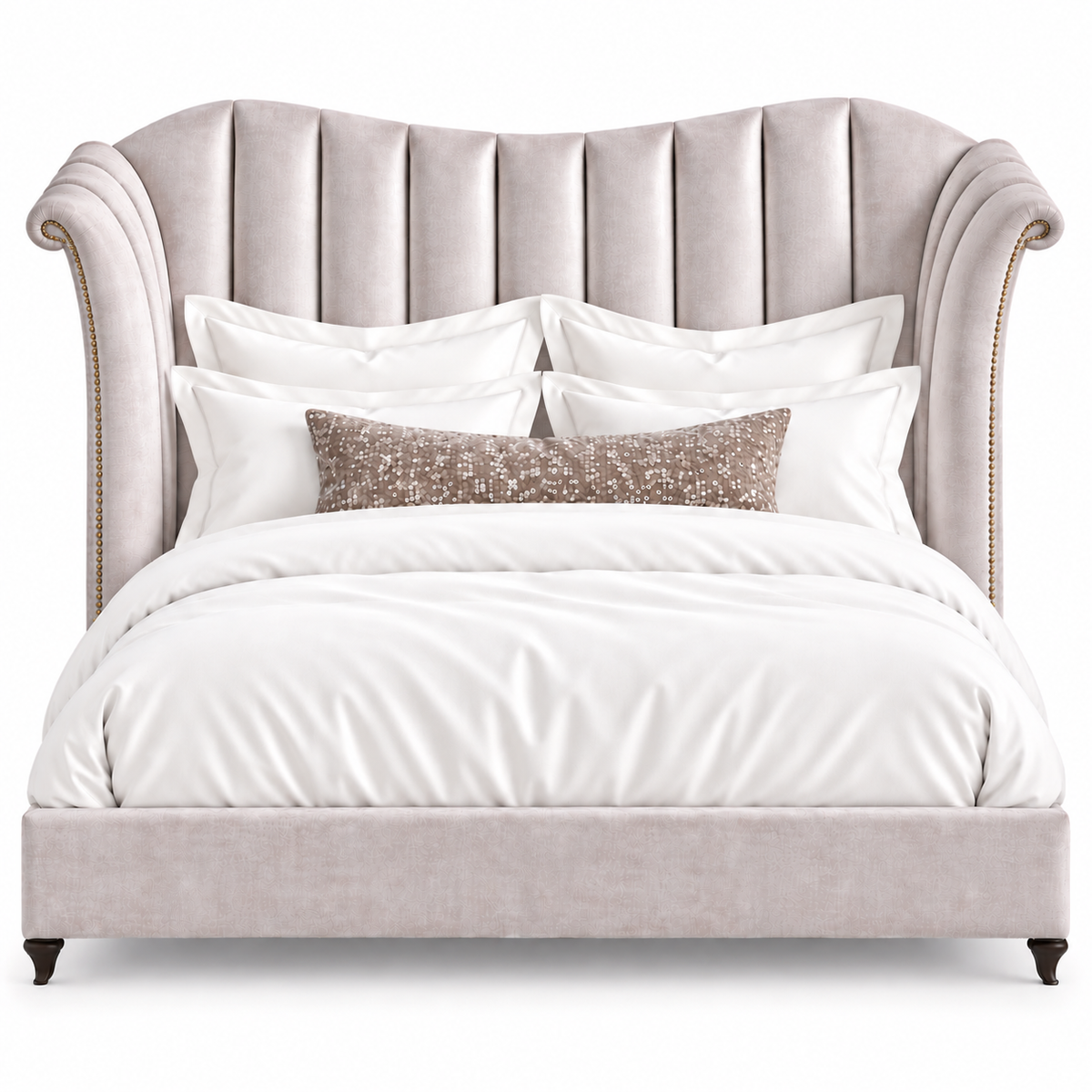 The Moira California King bed is upholstered in Shimmer Amethyst with old gold tack detail and dark walnut leg.  Made in the USA