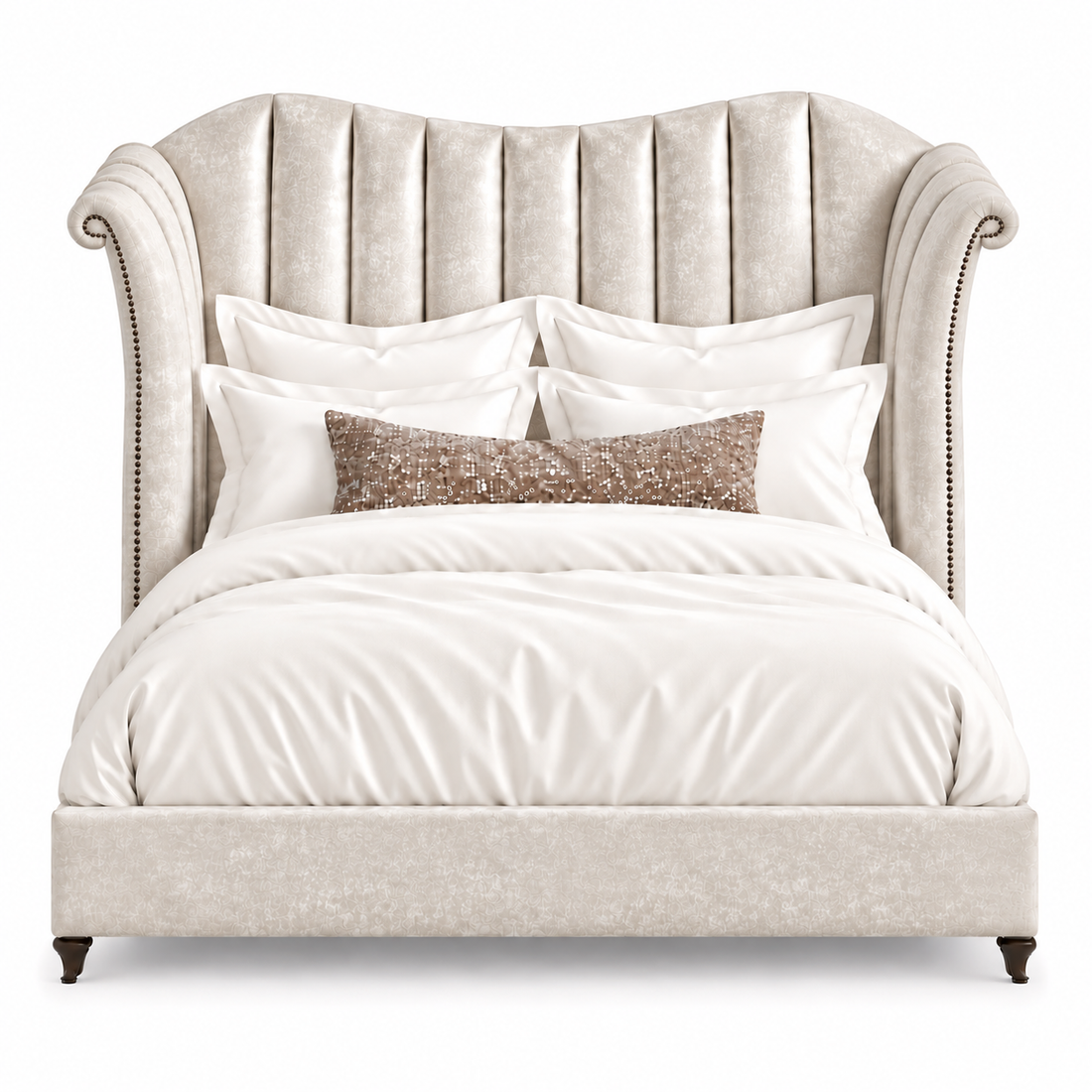 Our Moira California King Bed is upholstered in Shimmer Snow Velvet with Old Gold tack detail and dark walnut  legs.  Made in the USA