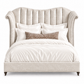 Our Moira California King Bed is upholstered in Shimmer Snow Velvet with Old Gold tack detail and dark walnut  legs.  Made in the USA