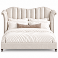 Our Moira Eastern King Bed is upholstered in Shimmer Snow Velvet with Old Gold tack detail and dark walnut legs.  Made in the USA