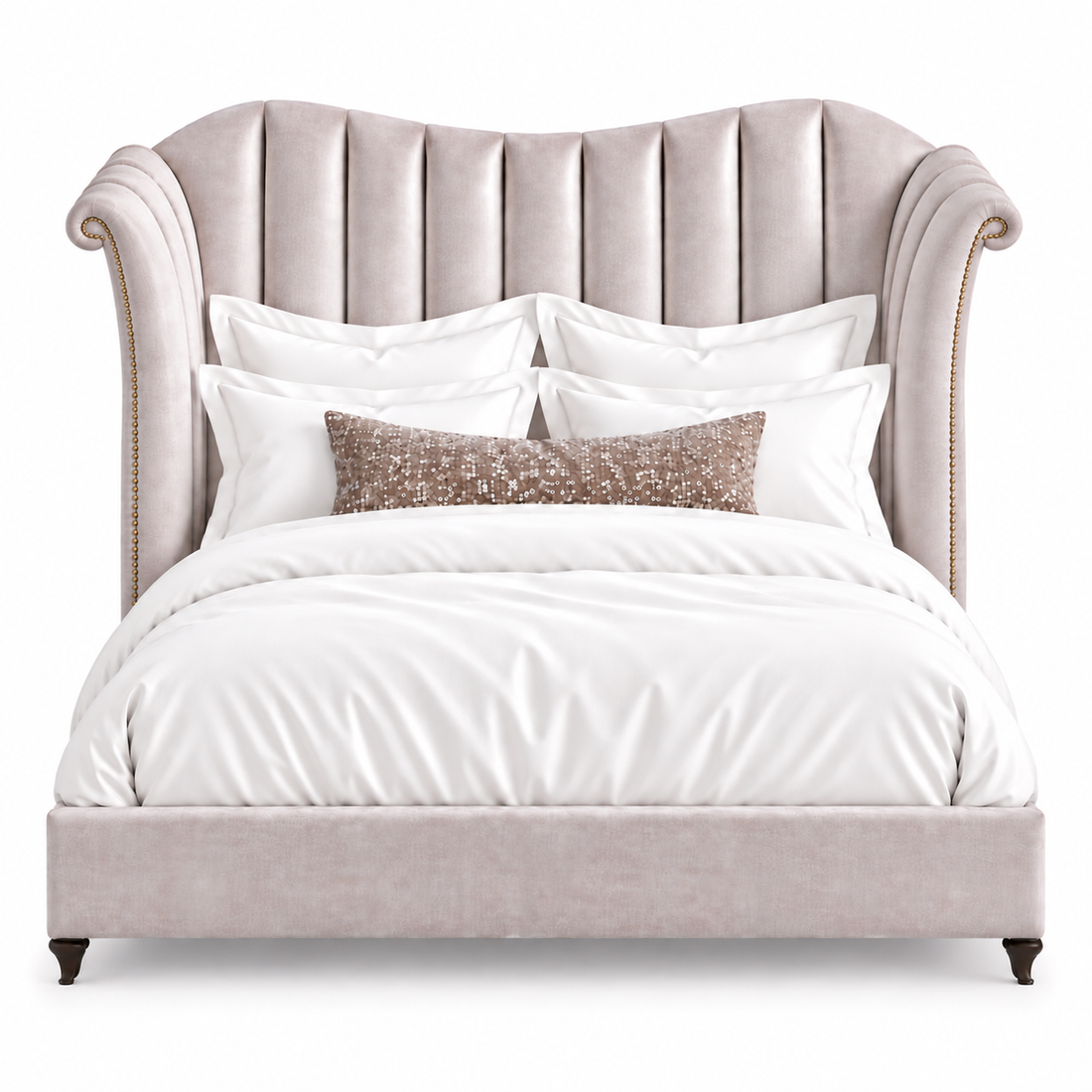 The Moira Eastern King Bed is upholstered in Shimmer Amethyst Velvet and Old Gold tack detail.  Legs are Dark Walnut.  Made in the USA