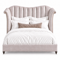 The Moira Eastern King Bed is upholstered in Shimmer Amethyst Velvet and Old Gold tack detail.  Legs are Dark Walnut.  Made in the USA