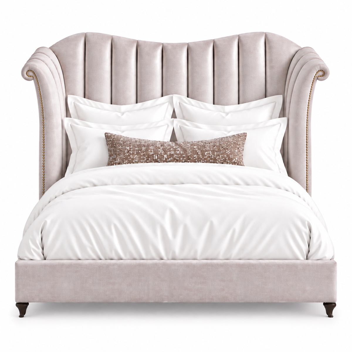 The Moira Eastern King Bed is upholstered in Shimmer Amethyst Velvet and Old Gold tack detail.  Legs are Dark Walnut.  Made in the USA