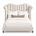 Our Moira Queen bed is upholstered in Shimmer Snow Velvet with Old Gold tack detail and Dark Walnut legs.  Made in the USA