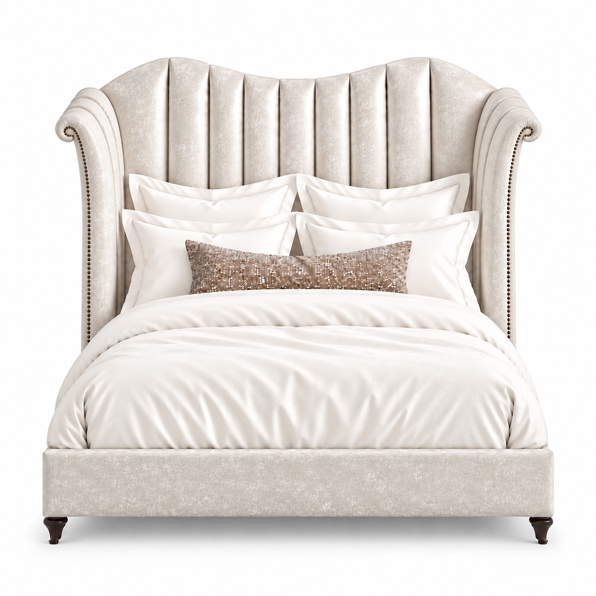 Our Moira Queen bed is upholstered in Shimmer Snow Velvet with Old Gold tack detail and Dark Walnut legs.  Made in the USA