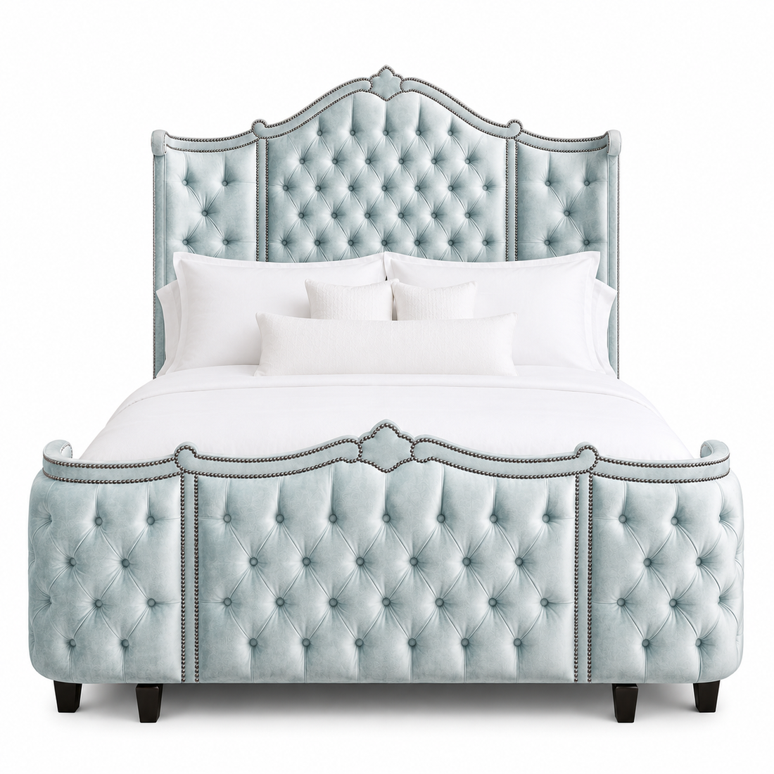 A luxury tufted velvet bed frame in a warm amethyst color, with old gold tack detail.  Made in the United States and fully customizable 