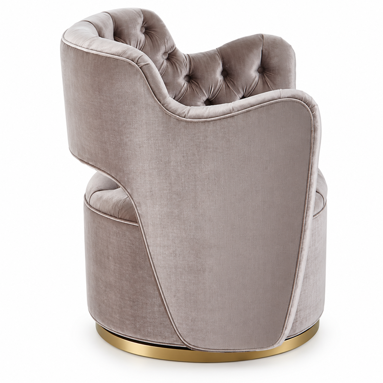 A modern tufted velvet swivel armchair in amethyst velvet, featuring a curved tufted backrest and a gold finished swivel base.