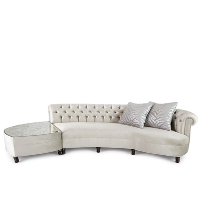 Aria silver velvet sectional with antique mirror topped ottoman